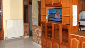 A room with a wooden cabinet with glass doors, a television mounted on it, and a white radiator on the wall. - Red Sun (Chios)