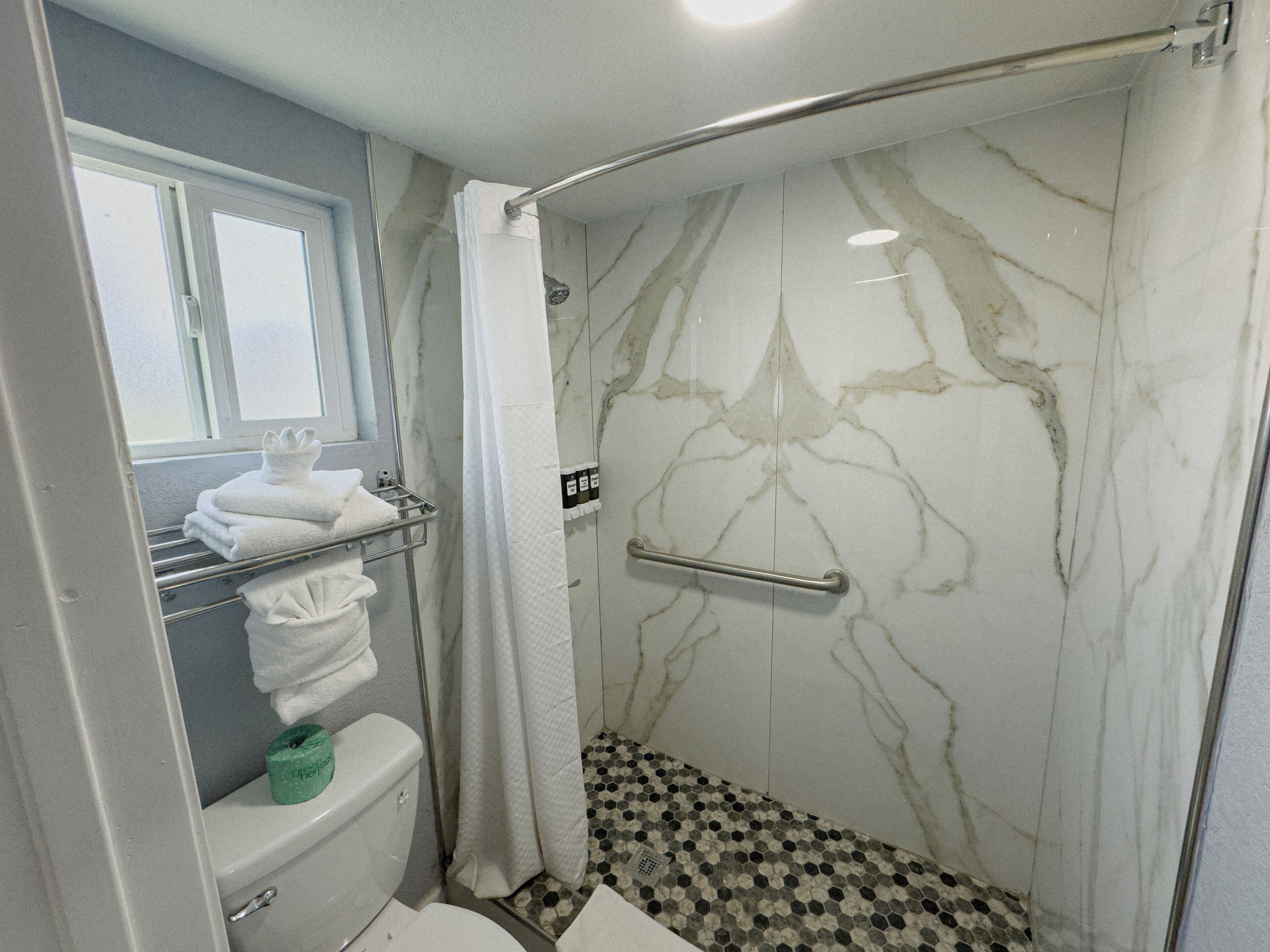 Une salle de bain avec une douche, des toilettes et un porte-serviettes.