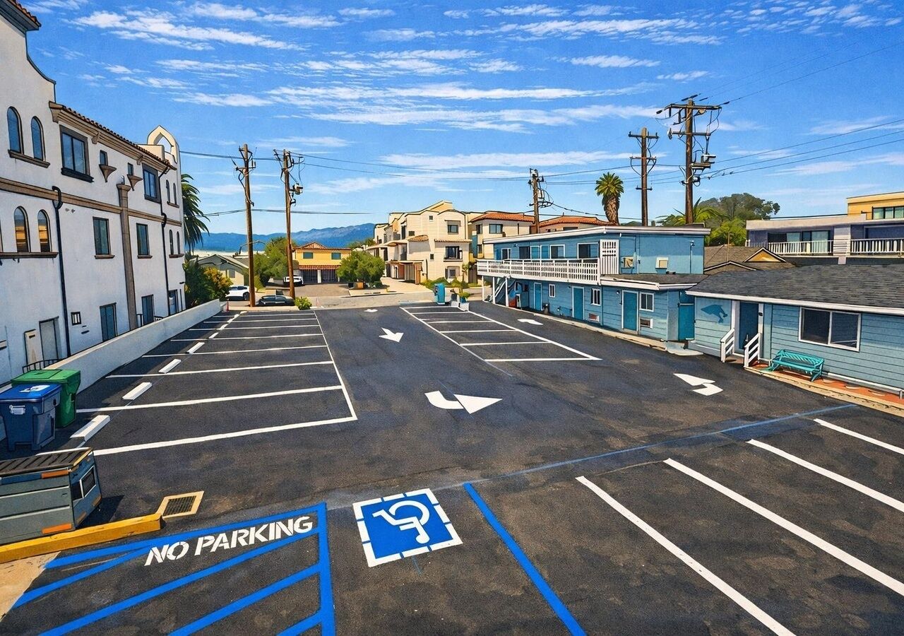 A parking lot with no parking signs, a handicapped parking space, and buildings in the background.