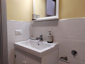Shower, hair dryer, bidet, towels