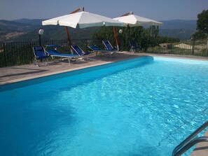 Seasonal outdoor pool, pool umbrellas, pool loungers