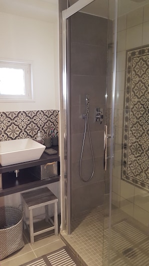 Shower, hair dryer, towels