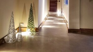 Un corridoio con pavimento lucido, una porta in legno alla fine e due alberi di Natale decorati.