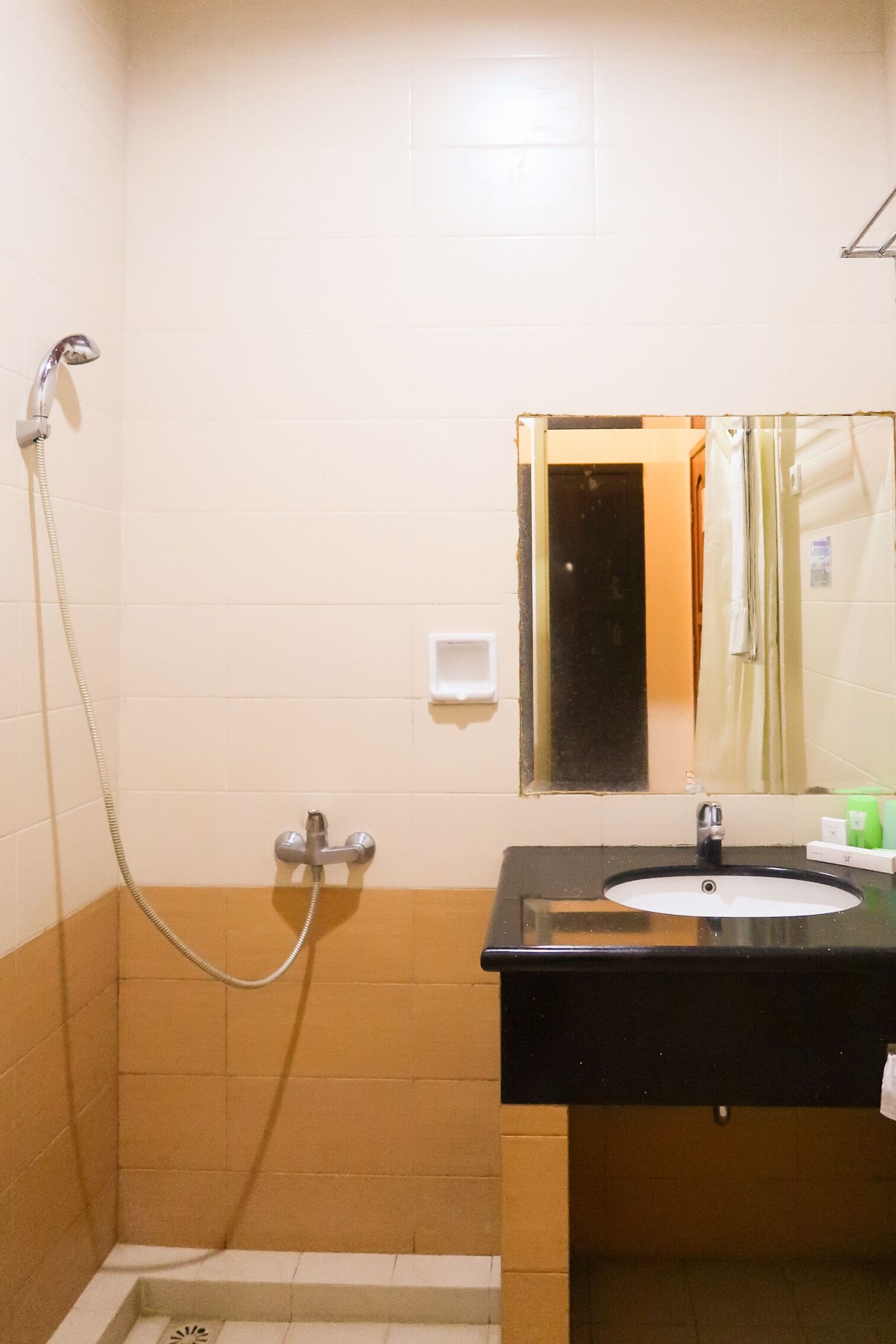 A bathroom with a shower, sink, and mirror.
