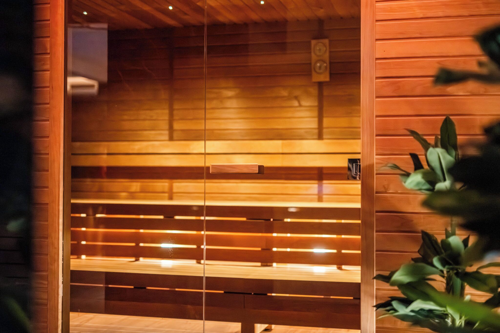 A sauna with wooden benches and a glass partition.