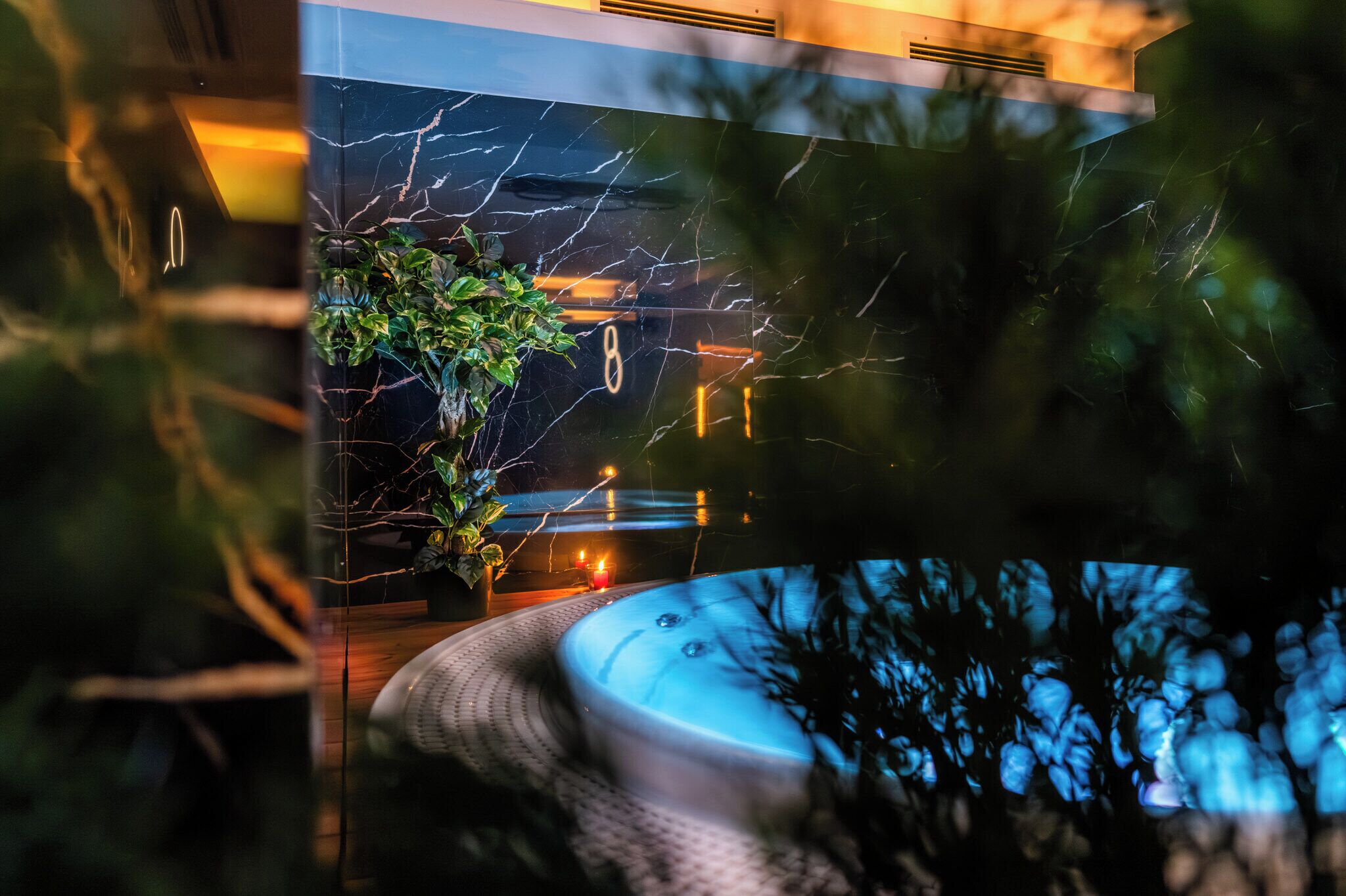 A modern interior with a marble wall, a plant, and a hot tub.