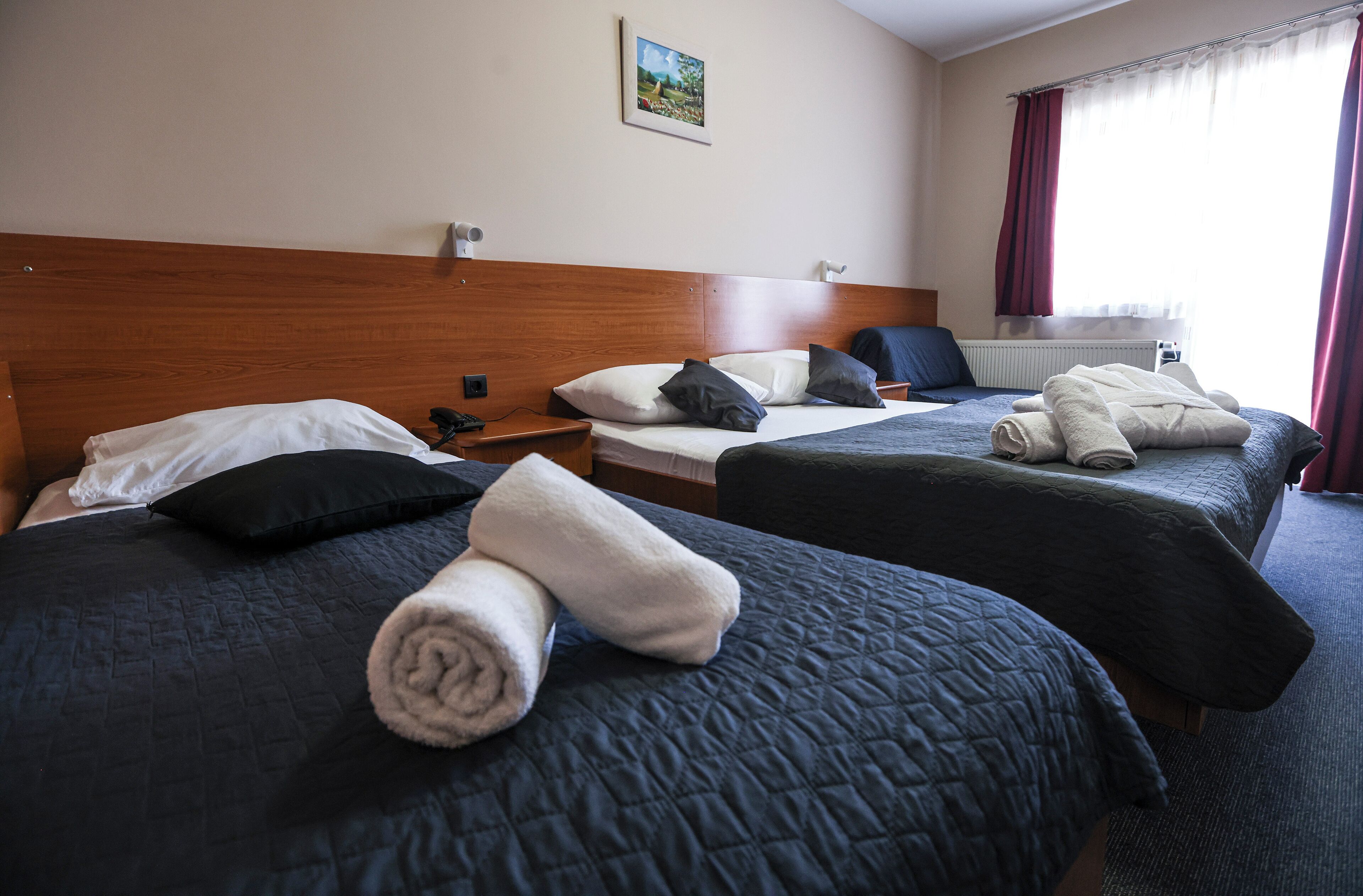 A hotel room with two beds, each with a dark quilted bedspread and pillows, a wooden headboard, a small bedside table with a phone, and a window with curtains.