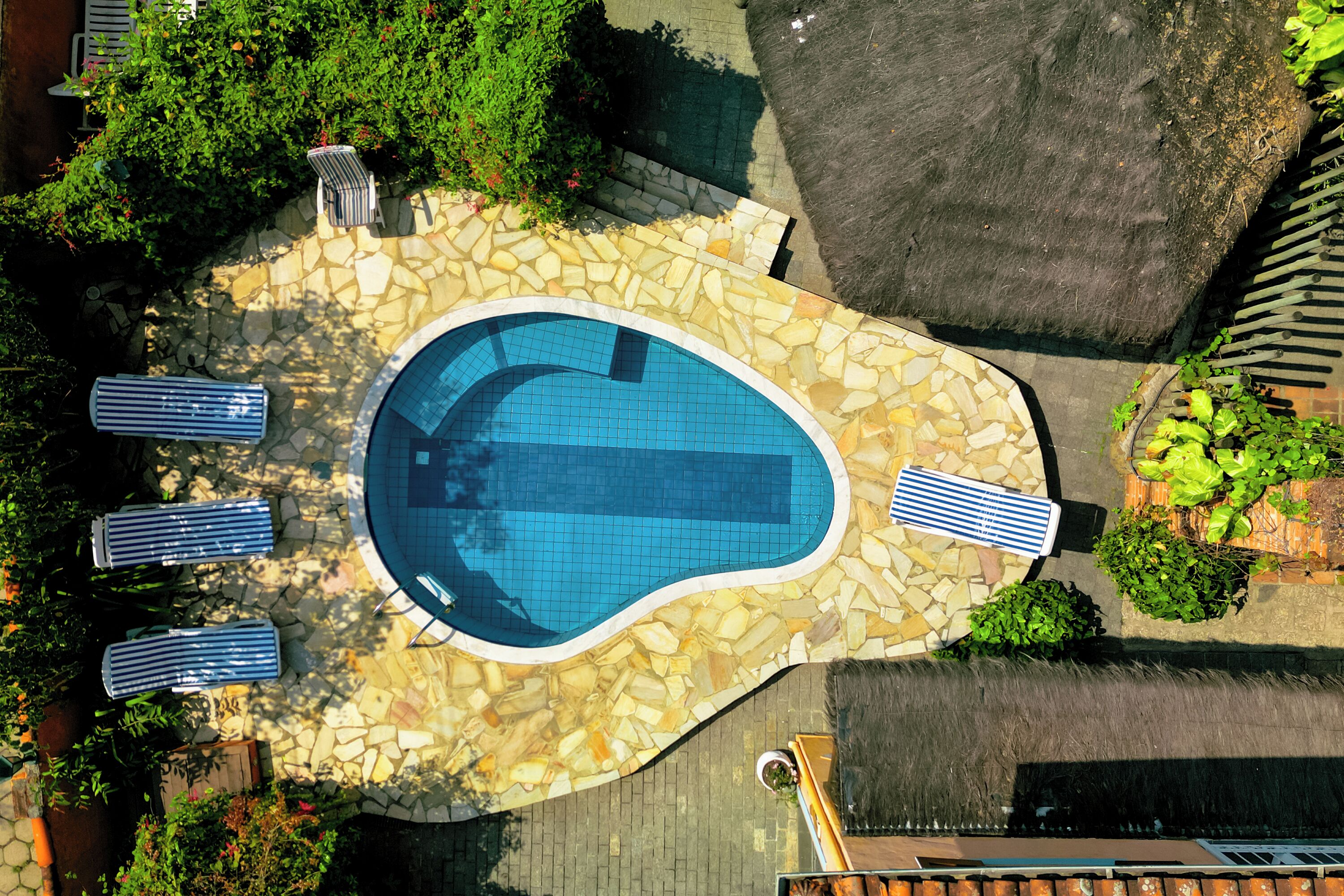 An aerial view of a swimming pool with stone tiles, surrounded by greenery and a stone wall.