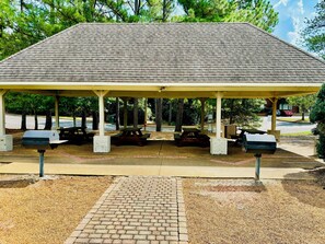 Un espace pique-nique abrité, équipé de bancs et de barbecues.