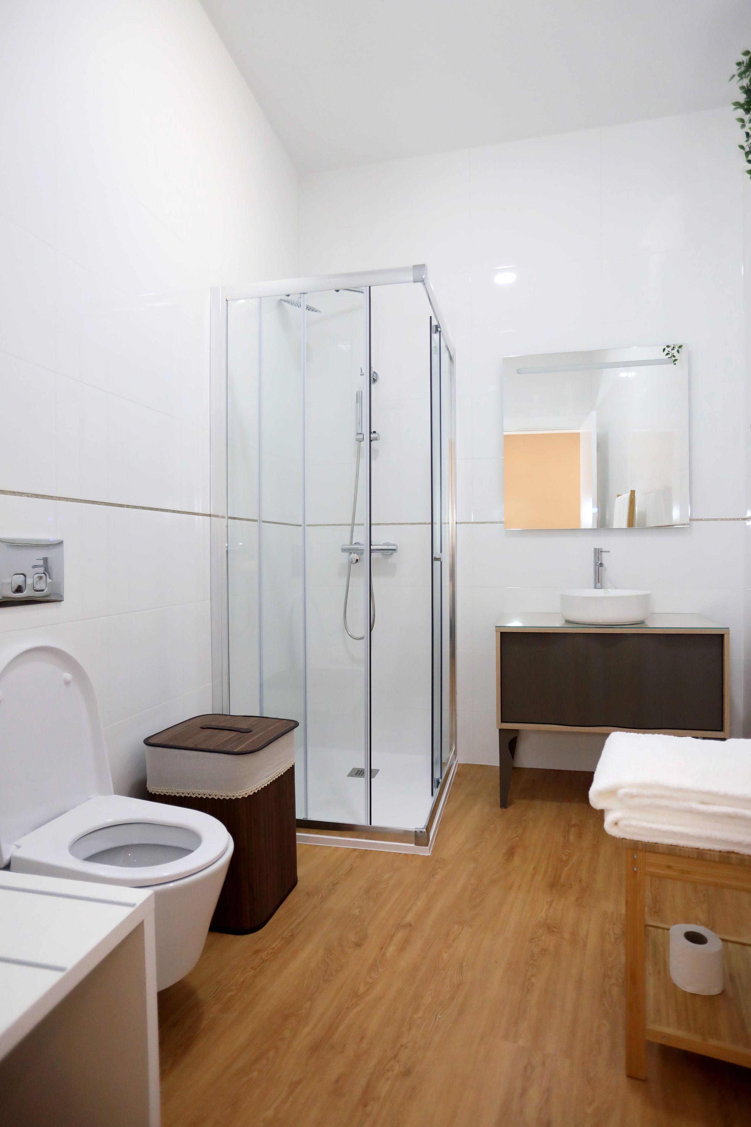 A modern bathroom with a glass shower enclosure, a white toilet, a wooden vanity with a sink, and a mirror above the vanity.