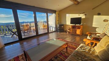 Een televisie, een open haard en boeken