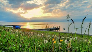 Eine Küstenlandschaft mit einer grasbewachsenen Vordergrundebene, einem Steg, der sich in ruhiges Gewässer erstreckt, und einem Sonnenuntergang im Hintergrund.
