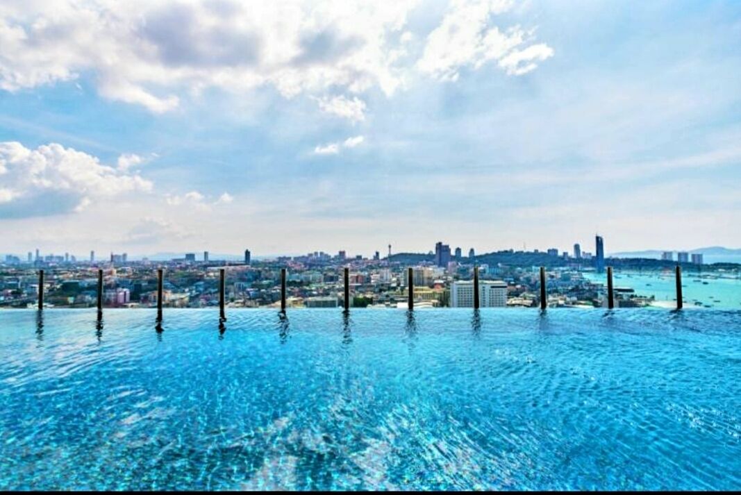 A clear view of a swimming pool with a cityscape in the background.