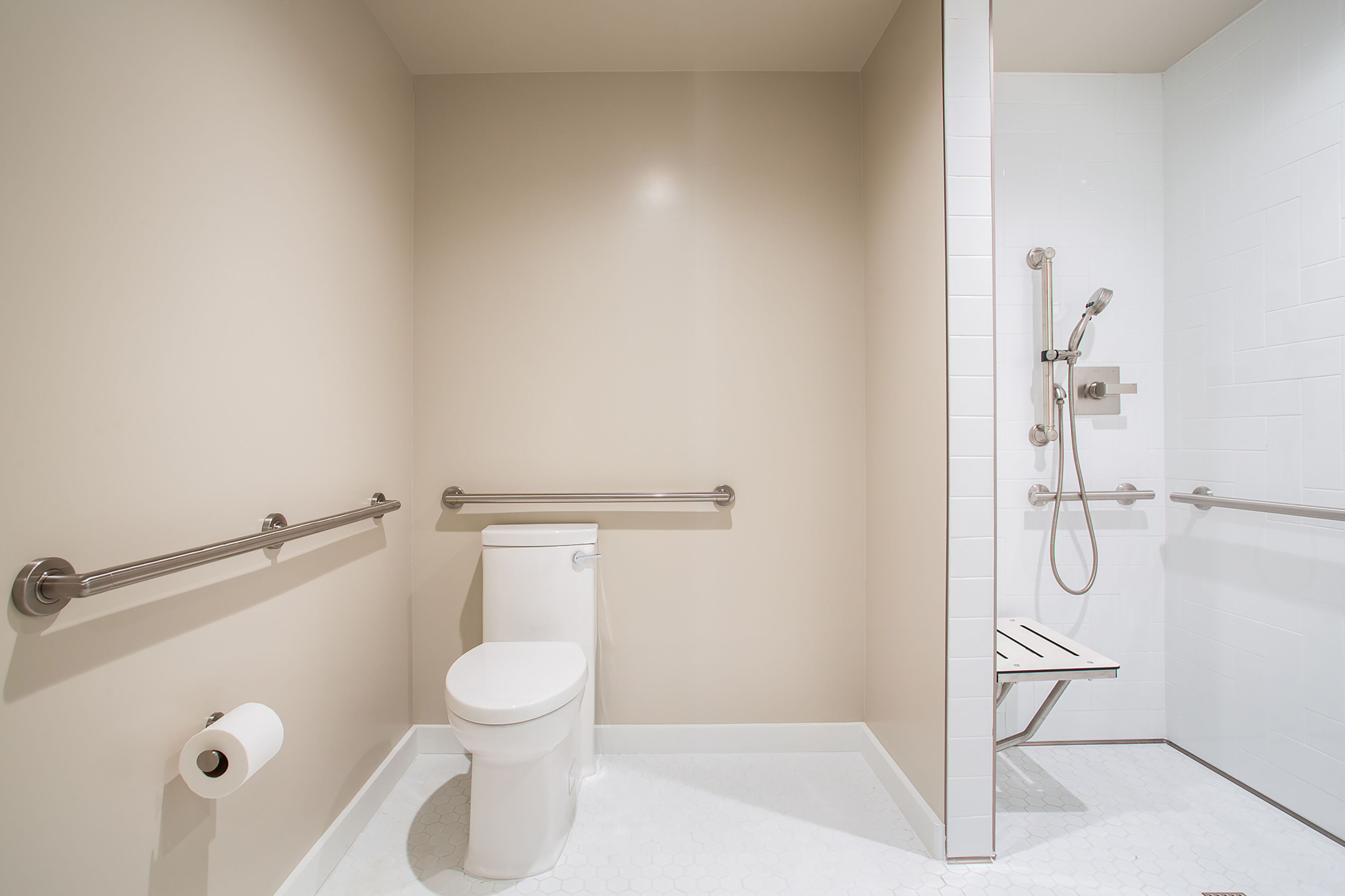A bathroom with a toilet, a shower, and a handrail.