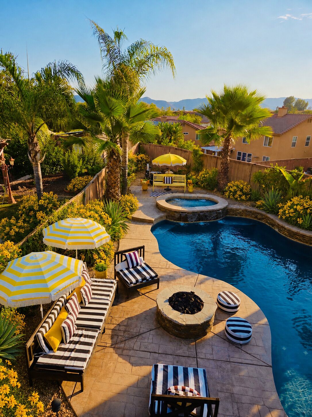 Zona de piscina con sillones reclinables, sombrillas y un pequeño hogar para fuego.