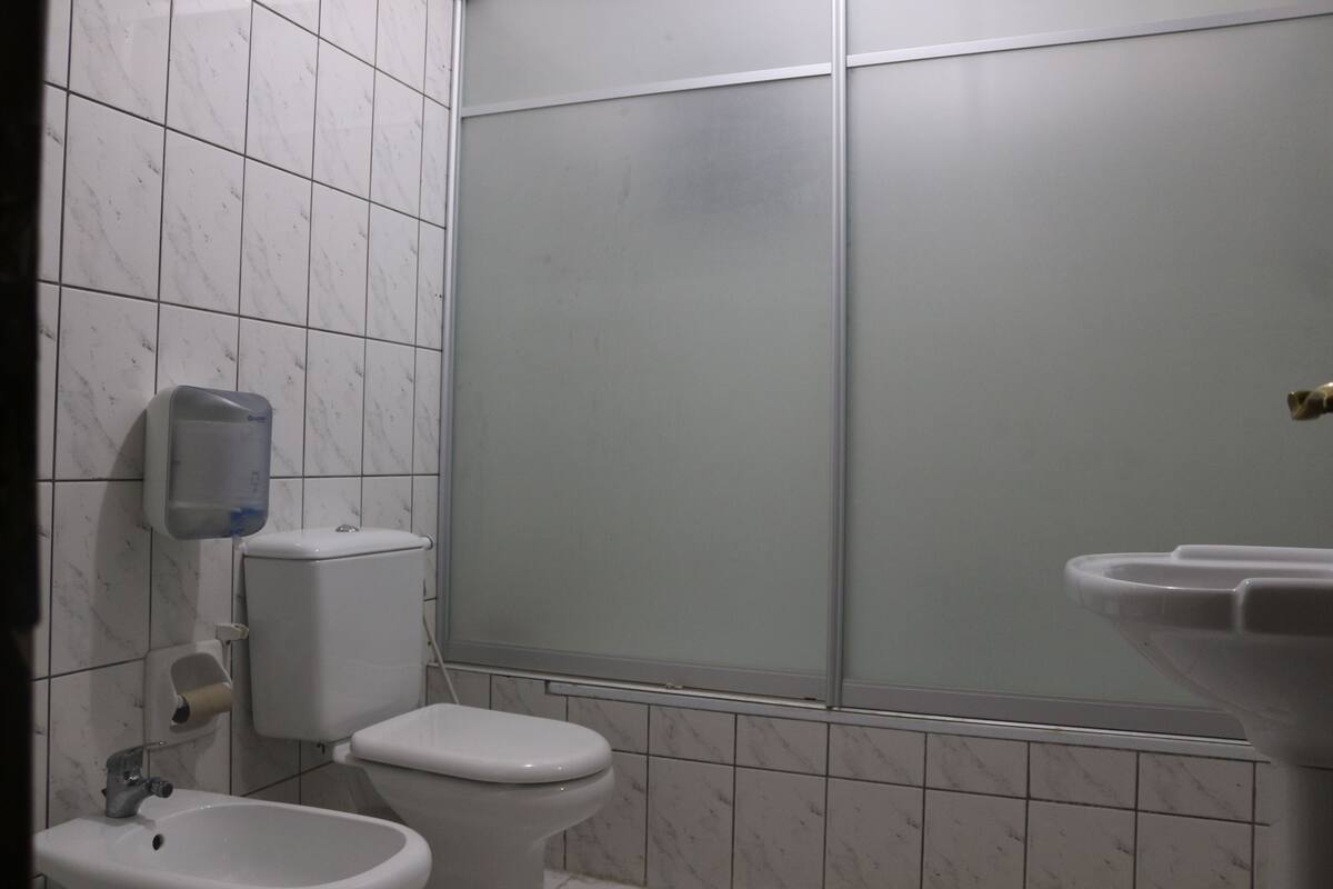 Shower, free toiletries, bidet, towels