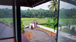Vue depuis l’intérieur d’un bâtiment, donnant sur un jardin bien entretenu avec un chemin pavé, un petit kiosque et un palmier.