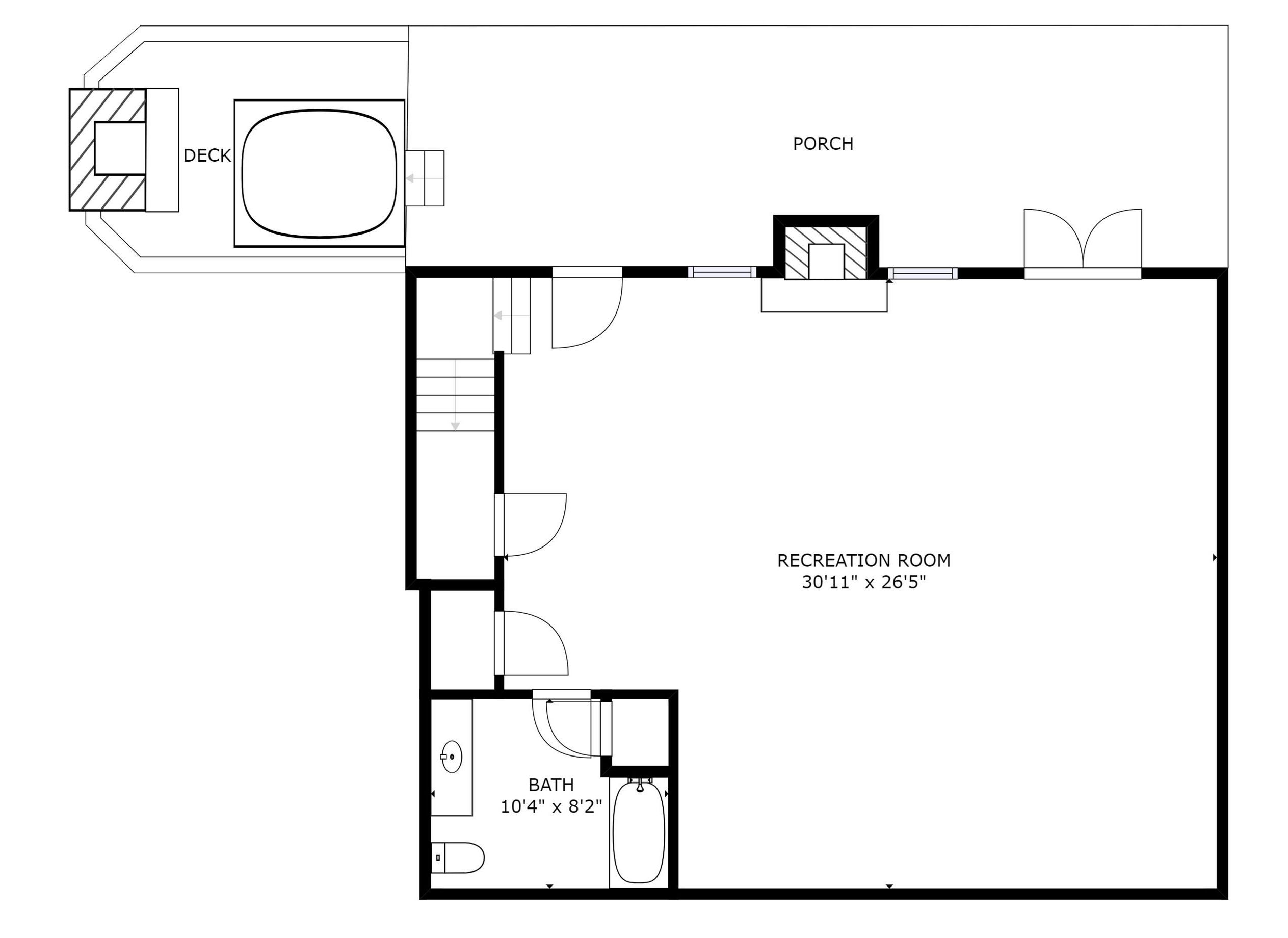 A floor plan with a deck, porch, recreation room, and bathroom.