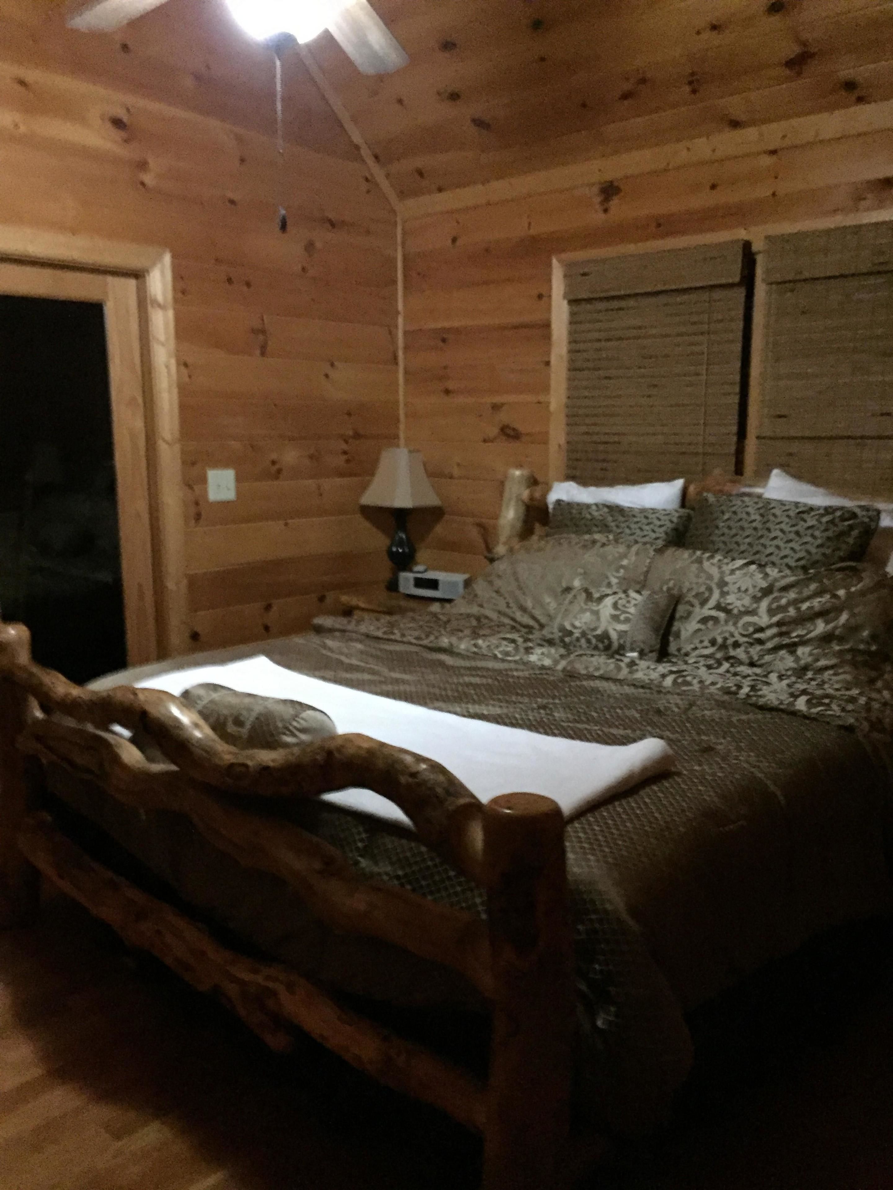 A wooden cabin room with a bed, a lamp, and a ceiling fan.