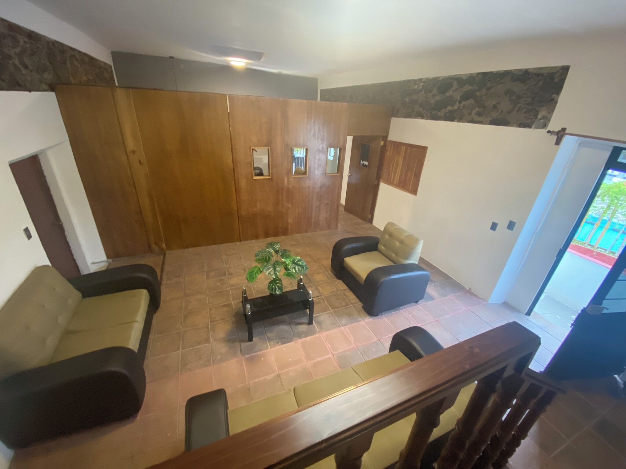 A spacious living area with a wooden partition, a coffee table with a plant, and two sofas.