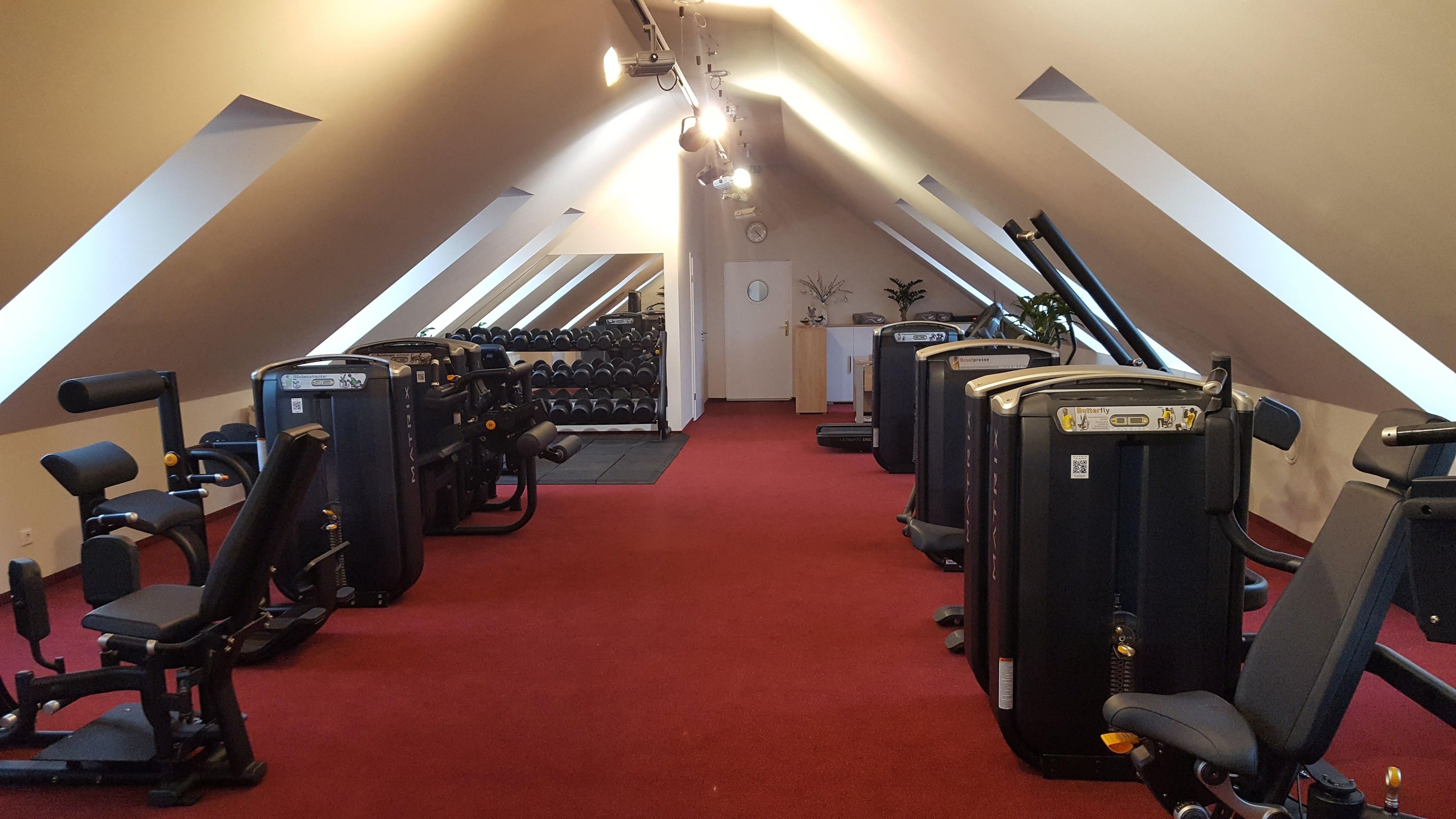 Un gimnasio con diverso equipo de ejercicios, como cintas de correr y máquinas de pesas, dispuesto en una sala amplia con alfombra roja.