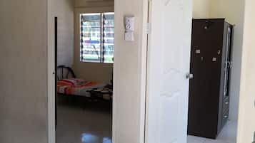 Desk, blackout curtains, iron/ironing board, bed sheets