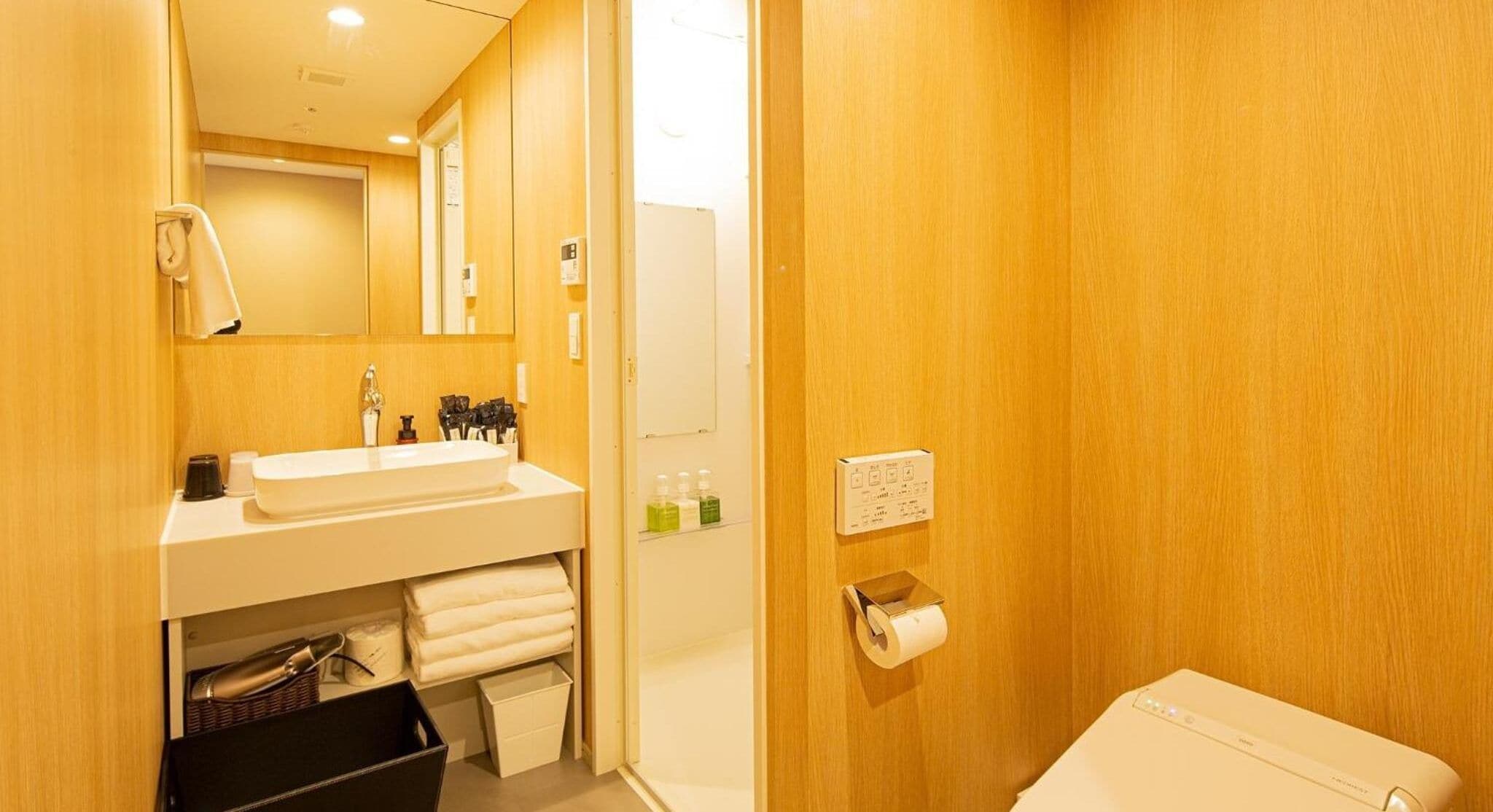 combined shower/bathtub, free toiletries, hair dryer, slippers