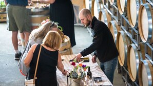 Une dégustation de vins, avec une table dressée pour les invités, entourée de barriques.