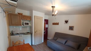 Ett kompakt bostadsutrymme med ett litet kök, ett matbord, en soffa och en taklampa.