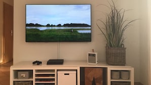 Ein flachbildfernseher an der Wand befestigt, darunter eine weiße Unterhaltungsanlage und rechts davon ein Topfpflanze.