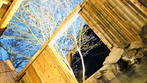 A wooden structure with a stone wall and a small water feature. - Misasa Onsen Seiryusou (Misasa)