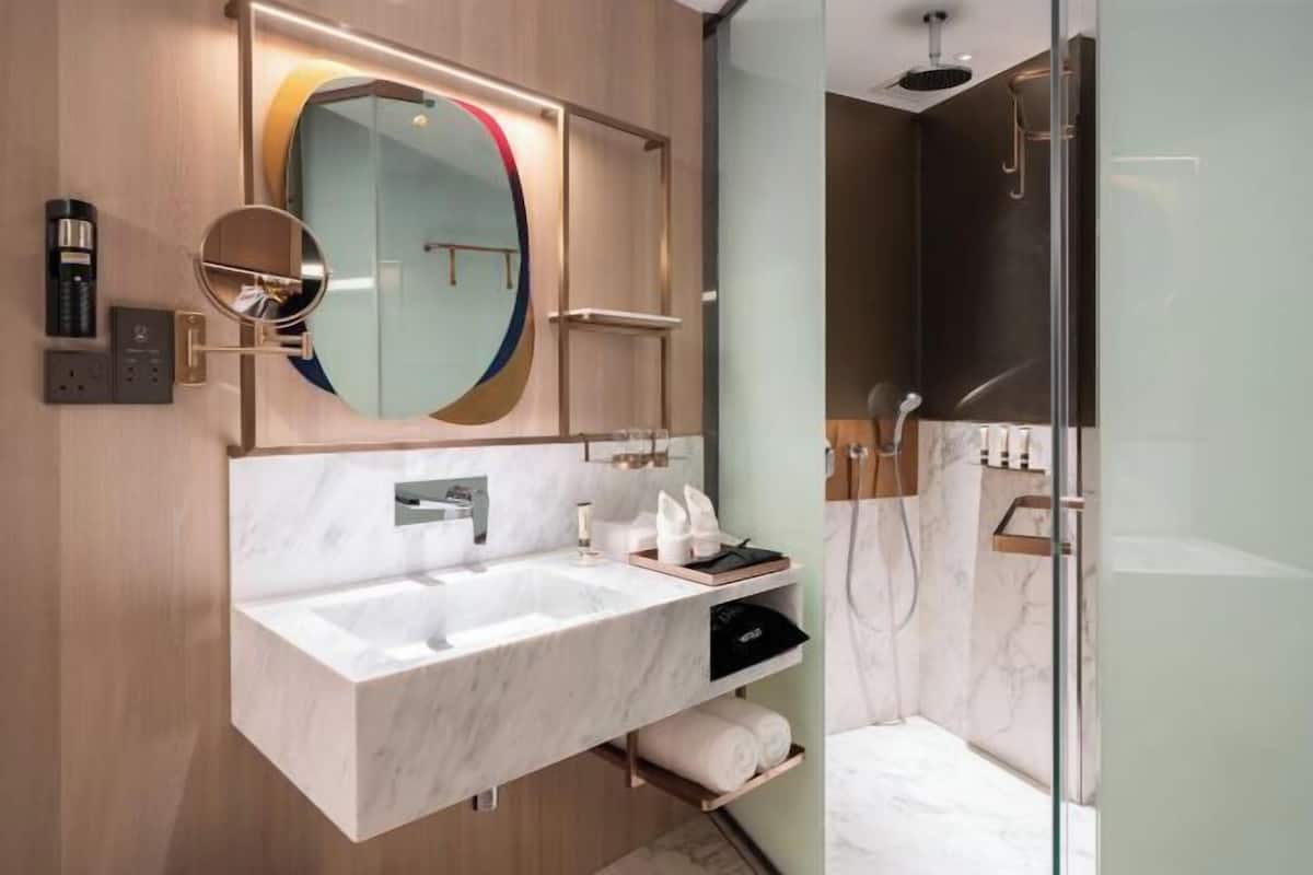 Bathroom | Shower, hair dryer, bathrobes, slippers