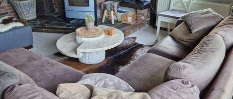 Smart TV, chimenea y estéreo