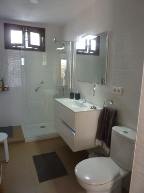 Shower, towels, toilet paper