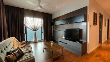 40-inch flat-screen TV with satellite channels, TV