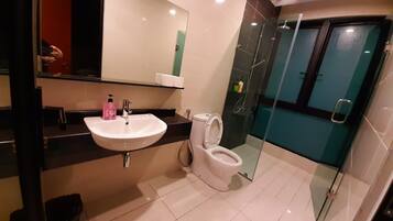A modern bathroom with a white sink, a toilet, and a glass-enclosed shower area.