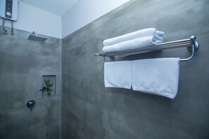 Hydromassage showerhead, free toiletries, hair dryer, bathrobes
