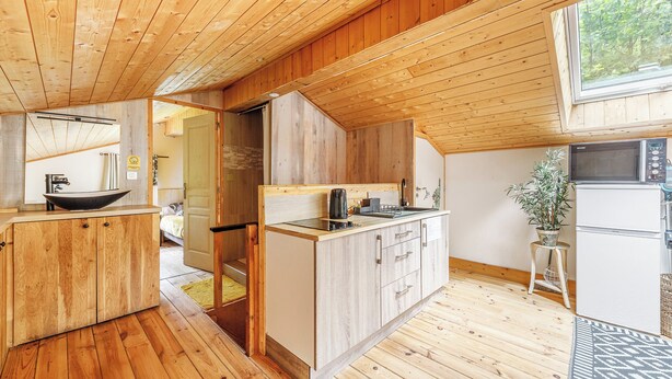 A compact kitchen with wooden cabinetry, a sink, and a microwave. - Self-contained accommodation in the heart of an acacia forest (Blésignac)