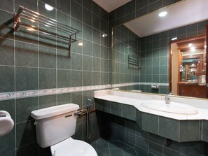 Un baño con inodoro, lavabo y espejo.