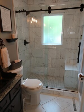 Shower, hair dryer, towels, soap -  Completely renovated single family home with new furnishings. (Mooresville)