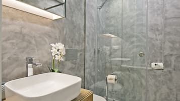 Shower, hair dryer, towels