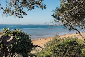 A beach with clear water, a sandy shore, and surrounding greenery.