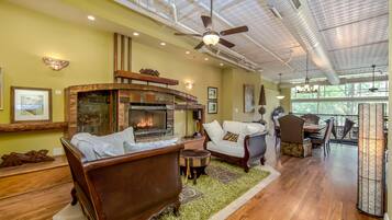 Smart TV, fireplace, DVD player, books