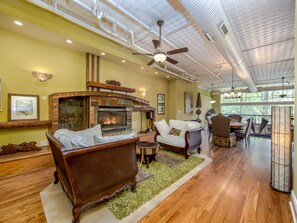 Smart TV, fireplace, DVD player, books