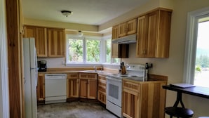 Une cuisine avec des meubles de rangement en bois, un réfrigérateur blanc, une cuisinière et un évier.