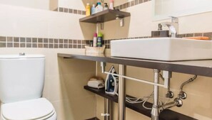 Combined shower/tub, jetted tub, hair dryer, bidet