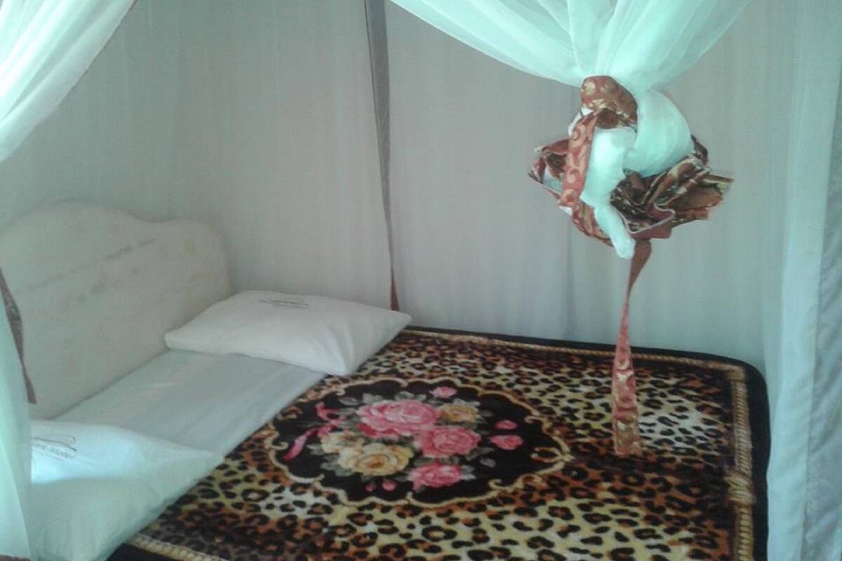 A room with a bed, a leopard print rug, and a canopy bed.
