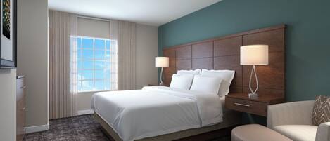 A hotel room with a large bed, two bedside lamps, a chair, and a window with curtains.