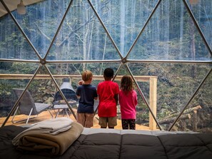 Une pièce dotée d’une grande fenêtre, d’un lit et donnant sur une forêt.