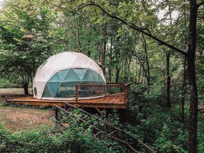 Une tente en forme de dôme géodésique, dotée d’une terrasse en bois et de murs en verre, située dans une zone boisée.